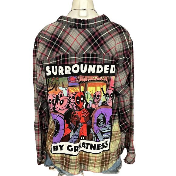Deadpool Plaid Flannel Shirt Shacket Brown Purple XXL Oversize Unique Upcycled - Picture 1 of 7